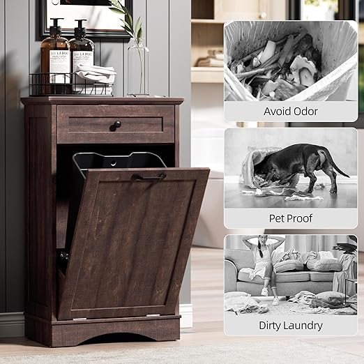 AHB 13 Gallons Tilt Out Trash Cabinet Hidden Trash Can Cabinet Freestanding Garbage Recycling Cabinet with Hideaway Drawer Pet Proof Trash Bin for Kitchen Living Room Brown