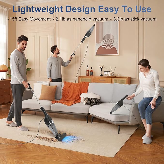 TBBSC Corded Vacuum Cleaner 25KPa Powerful Suction 3 in 1 Lightweight Bagless Stick Vac with Handheld Ultra Quiet for Hardwood Floor Carpet Car Pet Hair
