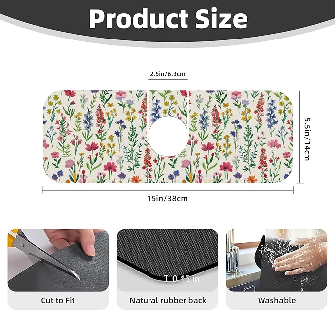 Watercolor Wildflower Dish Drying Mat for Kitchen Counter 18x24 Microfiber Absorbent Fast Dry Mat 2Pcs Dish Mat Faucet Mats Sets Large Drying Kitchen Mat Kitchen Drying Pad Coffee Bar Decor Gifts