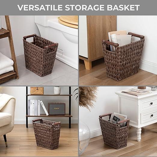 GRANNY SAYS Woven Trash Basket Brown Wastepaper Basket with Handles Wicker Bathroom Trash Can for Dorm Laundry Room 1-Pack 13 x 7 ½ x 12 ½