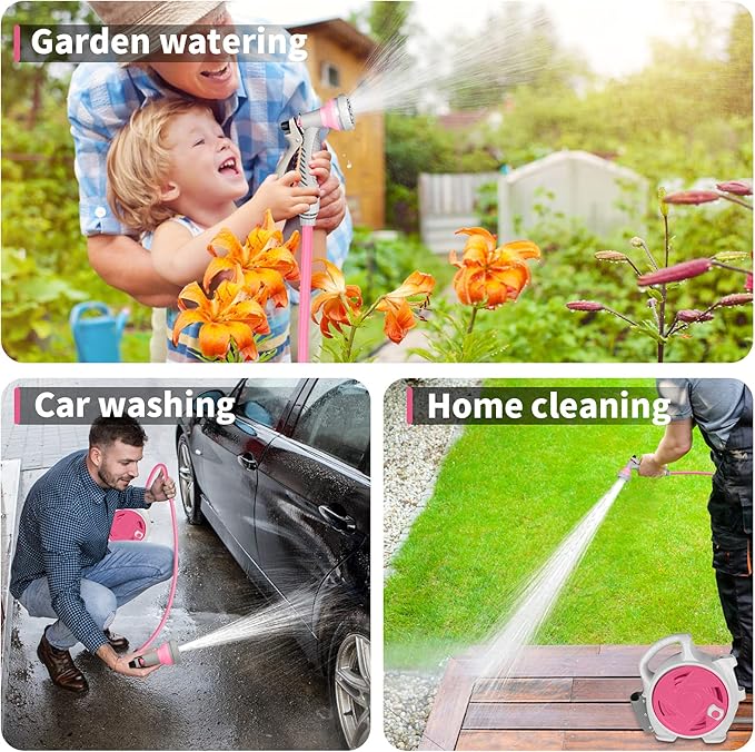 Garden Retractable Hose Reel Portable Simple Home Hose Reel 45+5 FT with 7 Patterns Spray Nozzle Wall Mounted and Any Length Lock for Garden Watering Car Washing Pet (Red Rose)