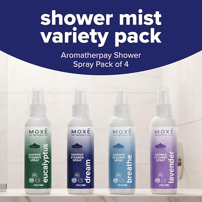 MOXE Aromatherapy Shower Mist Variety Pack Eucalyptus Lavender Breathe and Dream Spa Steam Spray Natural 100% Essential Oils Made in USA Aromatherapy Sinus Congestion Relief 4 Pack (8oz)