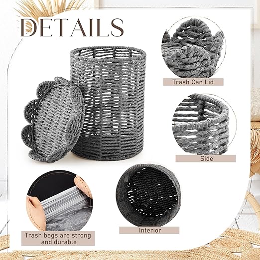 Ctosree 1.3 Gallons Small Wicker Trash Can with Lid Handle Woven Wicker Rattan Bathroom Waste Basket Boho Trash Basket with 100 Plastic Garbage Bags for Bedroom Office Laundry (Scalloped Style Gray)