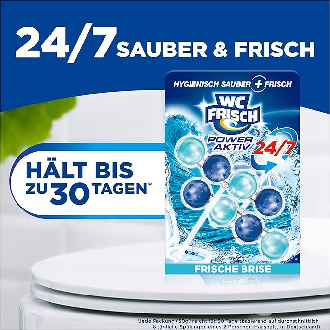 WC-Frisch Kraft Active Fragrance Rinser Fresh Breeze (2 x 50 g) Toilet Cleaner for Cleaning with Every Flush Fragrance Stones for Long-Lasting Fresh Fragrance + 50% Anti-limescale Effect