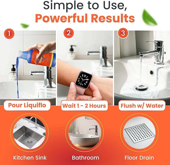 Liquiflo Hair Drain Clog Remover &amp Maintainer Eliminates Odors &amp Biofilm Odor-Free &amp Fumeless Declogger for Hair Grease &amp Organic Build up Safe for All Piping