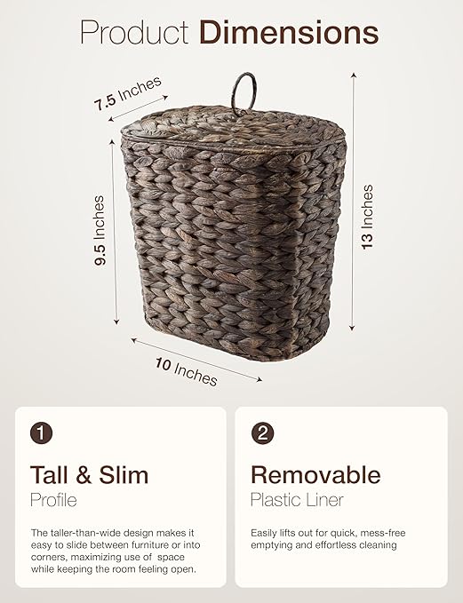 Wicker Waste Basket - Wicker Trash Can with Lid - Water Hyacinth Bathroom Garbage Can with a Lid - Bathroom Trash Can Boho Style - Removable Liner Iron Frame (Black 2 Gallons)