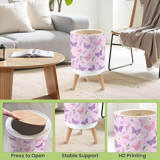 Bathroom Trash Can with Lid Pink Purple Butterfly Daisy Flower Spring Seamless Garbage Bin Waste Basket for Kitchen Office Bedroom Decoration Diaper Pail 1.8 Gallon