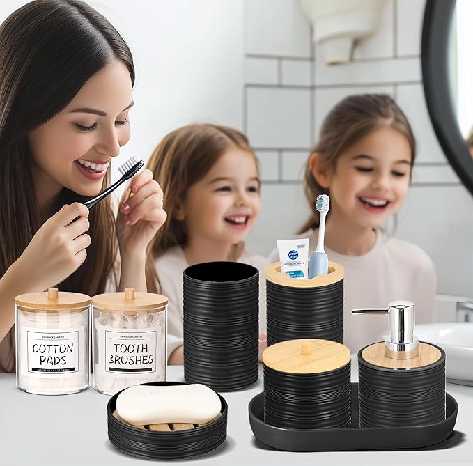 IMAVO Bathroom Accessory Set-11Pcs Black Bathroom Accessories Set with Trash CanSoap DispenserSoap DishToothbrush HolderToothbrush CupToilet Brush HolderQtip Holder Dispenser with Labels