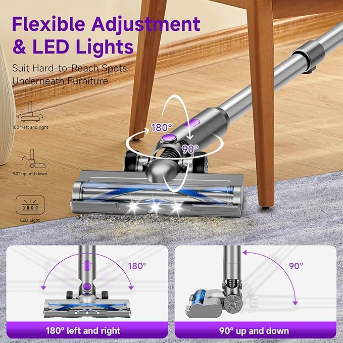 Cordless Vacuum Cleaner 38Kpa Vacuum Cleaners for Home 60Mins Lightweight Stick Vacuum with LED Display Anti-Tangle &amp Wall Mount  8 in 1 Lightweight Vacuum for Hard Floors Carpet Pet Hair Pur