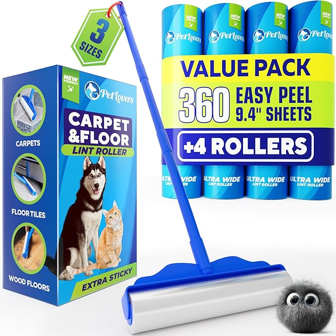 PetLovers Large Lint Roller with 3 Refills – 360 Total Sheets for Tackling Pet Hair Extra Large Floor and Carpet Roller for Homes with Pets Perfect for Floors Furniture and Loving Pet Owners