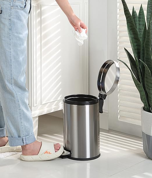 SunnyPoint 4.5 Liter(1.2 Gallon) Small Round Trash Can with Plastic Inner Bucket Bathroom Office Kitchen and Bedroom Step On and Slow Close (S.N)