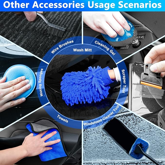 THINKWORK Car Wash Kit Car Detailing Kit with Foam Gun Car Wash Brush Mop and Large Folding Bucket Suitable for Car Cleaning Blue Car Wash Set Gift for Men and Women