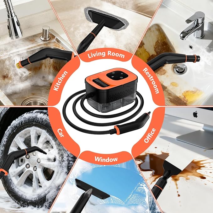 Steam Cleaner Portable Steamer for Cleaning with 16pcs Accessories 6-Level Adjustable 15s Heat-Up Handheld Steam Cleaner for Home for Tile Grease Dirt Grout Car Detailing Orange