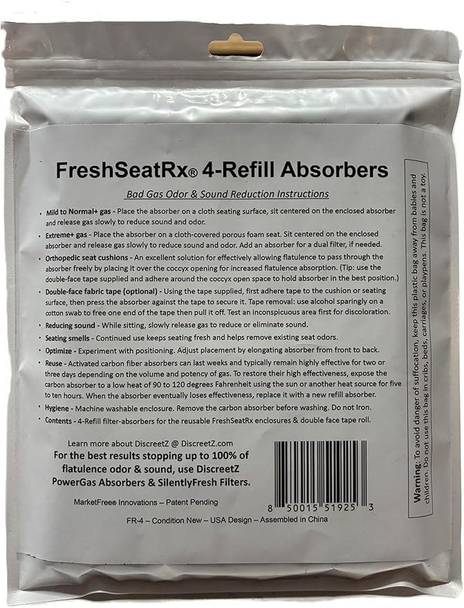 FreshSeatRx 4-Refill Filters fit FS-4 enclosures. Activated Charcoal Chemical Warfare Design High Absorbency-CWDHA Activated Carbon Filter Pads. Reusable Reset with Low Heat for Weeks of use. FR-4