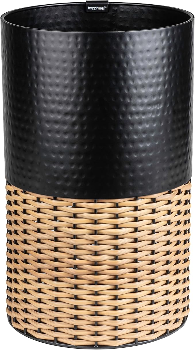 happimess HPM1102C Asher Modern 4.13-Gallon 2-Tone Faux Wicker/Metal Cylinder Waste Basket Black/Natural for Home Bathroom Living Room Office Bedroom Kitchen