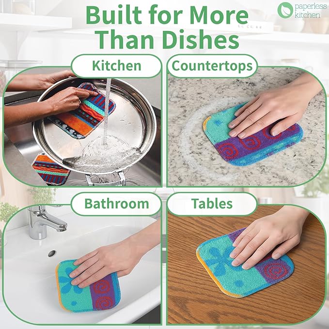 Kitchen Dish Scrubbers | Soft Scrub for Dishes | Non-Scratch Cleaning Pads for Kitchen | Made from Cotton Fiber | Safe on All Surfaces | Long-Lasting &amp Easy to Clean | Pack of 8