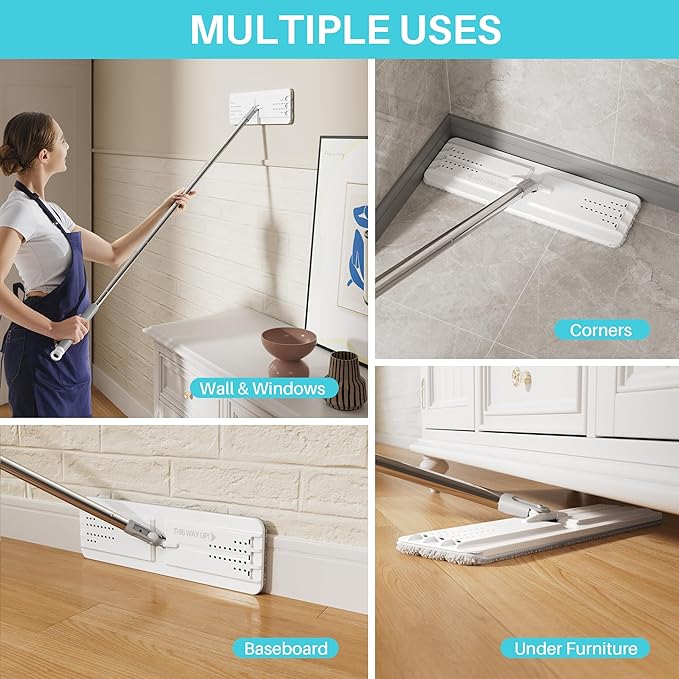 JOYMOOP 8L Large Capacity Flat Mop System with Extension Handle Ideal for Floor Window and Wall Cleaning - Includes 5 Washable Microfiber Pads for Wet and Dry Use