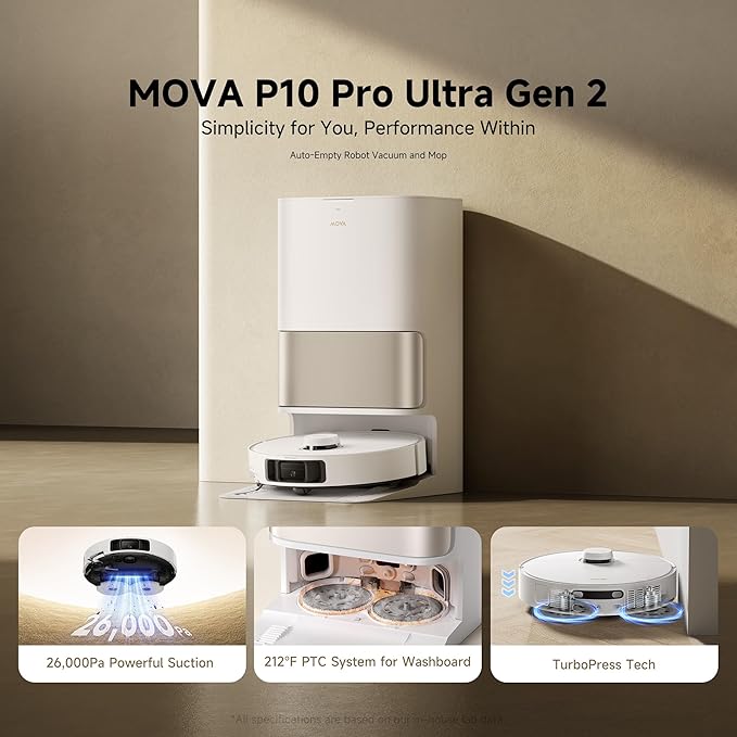 Mova P10 Pro Ultra Gen 2 Robot Vacuum and Mop 26000Pa Suaction 212°F Hot Water Auto Mop Washing 1-Hour Hot Air Drying Extenable Mop All-in-One Dock Triple Anti-Tangle System for Home