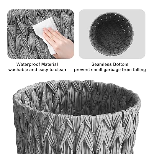 Wicker Trash CanSmall Bathroom Trash CanWaterproof Wicker Waste Basket for BathroomHandwoven Wastebasket for Office2 Gallon Grey Round