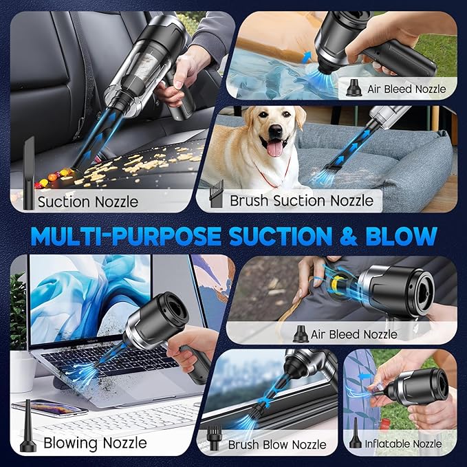 KMM Handheld Car Vacuum Cleaner 10000PA Vacuum Cleaner &amp Air Duster 120W High Power Vacuum Portable Cordless Hand Held Vacuum Rechargeable with Multi-Nozzles &amp LED Light for Home Car Offi