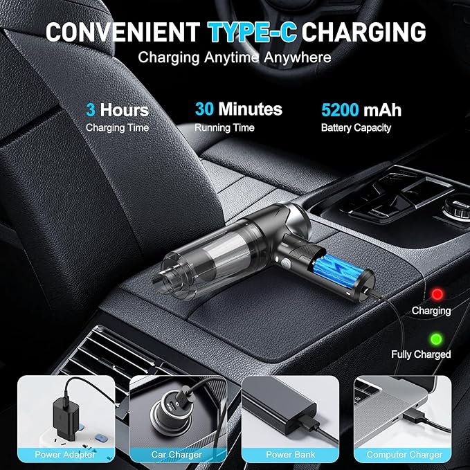 KMM Handheld Car Vacuum Cleaner 10000PA Vacuum Cleaner &amp Air Duster 120W High Power Vacuum Portable Cordless Hand Held Vacuum Rechargeable with Multi-Nozzles &amp LED Light for Home Car Offi