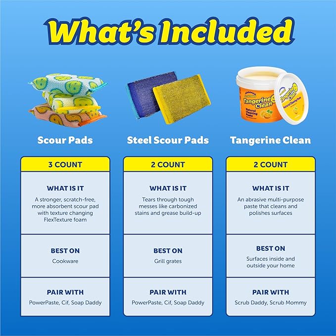 Scrub Daddy Deep Clean Kit - Scour Daddy Scour Pads (3ct) Steel Scrubbing Sponges (2ct) &amp Tangerine Multi Surface Cleaner (2ct) - Kitchen + Household Cleaning Supplies Pack (7 Pieces Total)