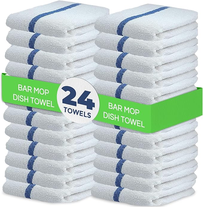 Towels N More 24 Pack 16x19 Bar Mop Towels High Absorbent Cotton Reusable Kitchen Towels - Quick Drying Towels for Chef Cook Home Restaurant Bar Glass Cleaning Towels (24 Blue Stripe)
