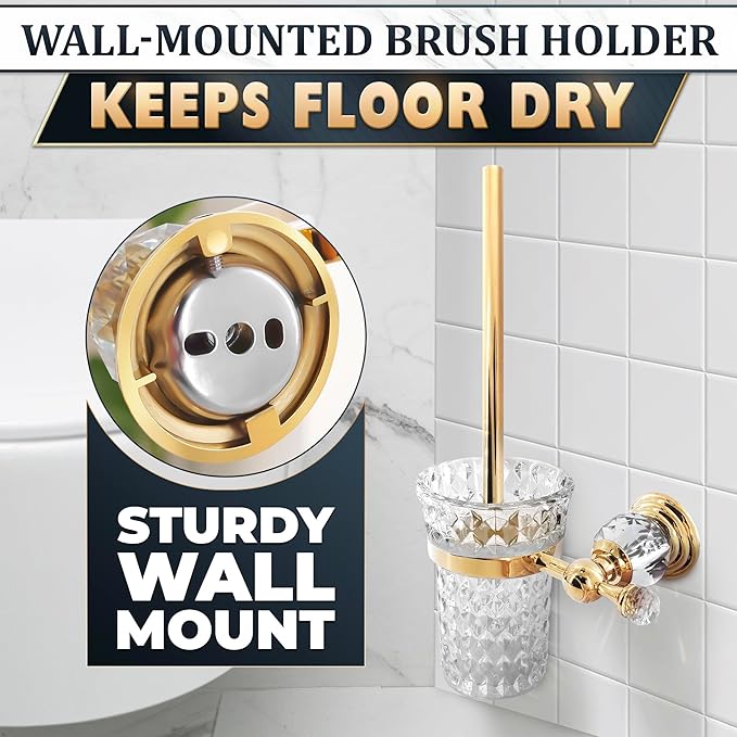 Gold Stainless Steel Toilet Brush with Crystal Toilet Brush Holder Set – Wall Mounted Holder Replaceable Head Decorative Space-Saving Design Bathroom Toilet Accessory Elegant Toilet Bowl Cleaner Set