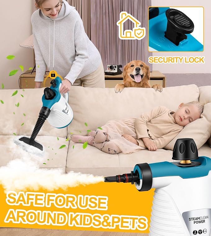 LanAqua Handheld Steam Cleaner with 9 Accessories Pressurized Handheld Multi-Surface Natural Steam Cleaner for Home Multi-Purpose Portable Steamer for Cleaning Floor Upholstery Grout and Car
