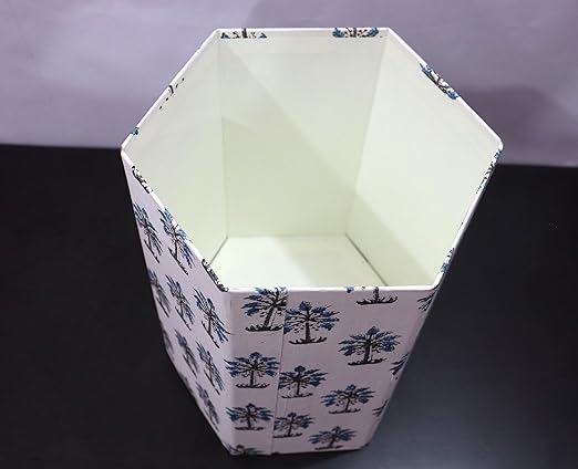 Christmas Decorative Hand Block Printed Waste Basket/Trash Can/Garbage Can/Card Board Trash Can Housewarming Gift (White)