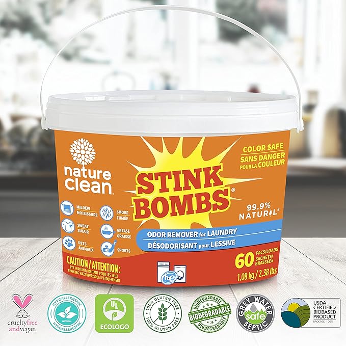 Nature Clean Stink Bombs Laundry Odor Eliminator Pods for Clothes Removes Pet Sweat Grease Mildew &amp Sports Odors Laundry Deodorizer for Home Use 60 Count (Pack of 1)