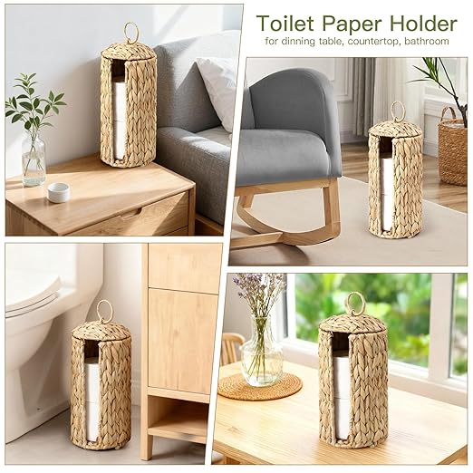 Wicker Waste Basket and Toilet Paper Holder 2.5 Gal Handwoven Water Hyacinth Trash Can with Lid Garbage Bin Toilet Paper Storage Woven Rustic Decorative for Bedroom Bathroom Office Living Room