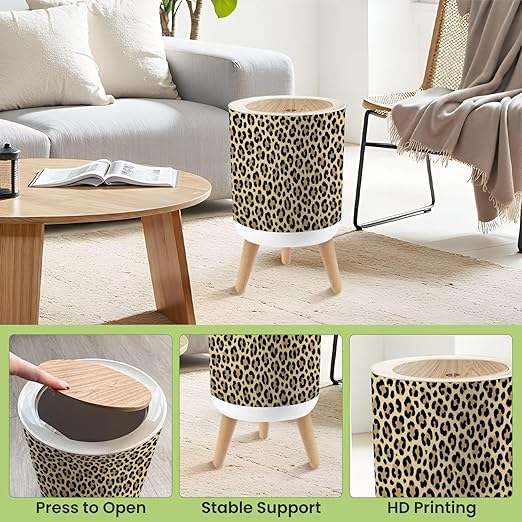 Bathroom Trash Can with Lid Leopard Design Garbage Bin Waste Basket for Kitchen Office Bedroom Decoration Diaper Pail 1.8 Gallon