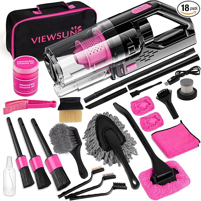 Viewsun Car Vacuum Cordless Rechargeable 8000PA High Power Handheld Vacuum Cleaner with 17PCS Car Cleaning Kit Pink Auto Accessories for Women Gift