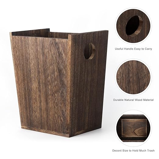 Wood Trash Can Wastebasket Small Rectangular Farmhouse Rustic Garbage Bin with Handles for Bedroom Bathroom Kitchen Office Brown