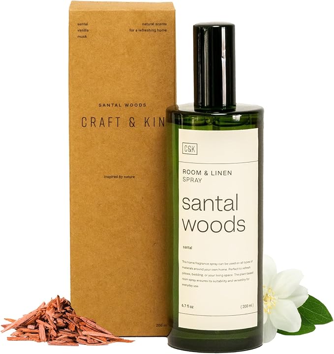 Craft &amp Kin Santal Woods Room Spray for Bedding 6.76 oz Pillow Spray Long-Lasting Room Freshener Soothing Aroma Mist for Home &amp Washroom