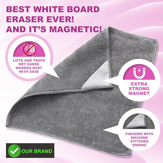 Tudomro 30 Pcs Magnetic Microfiber Cleaning Cloth Dry Erasers Bulk for Most Whiteboards Dry Erase Cloth Cleaner Reusable Home Office 10'' x 10''(Black Gray)