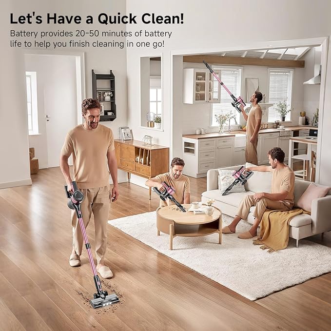Cordless Vacuum Cleaner 38Kpa Powerful Stick Vacuum Cleaner with 45mins Rechargeable Battery LED Anti-Tangle Brush 8-in-1 Handheld Vacuum Cleaners for Home/Pet Hair/Carpets/Floors Rose