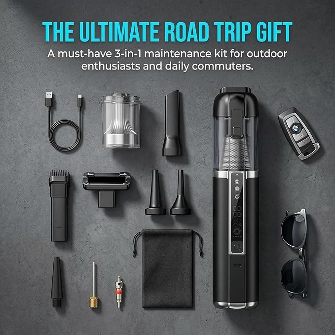 Real 3-in-1 Car Vacuum Cleaner &amp Heavy Duty Tire Inflator 150PSI Portable Air Pump with 18000Pa Brushless Suction LED Camping Light Cordless Handheld Vacuum for Car Tire Bed Gift