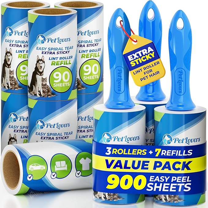 PetLovers Extra Sticky Lint Roller Mega Value Set 900 Sheets for Pet Hair Removal and Clothes Dog and Cat Lint Remover 10 Pack