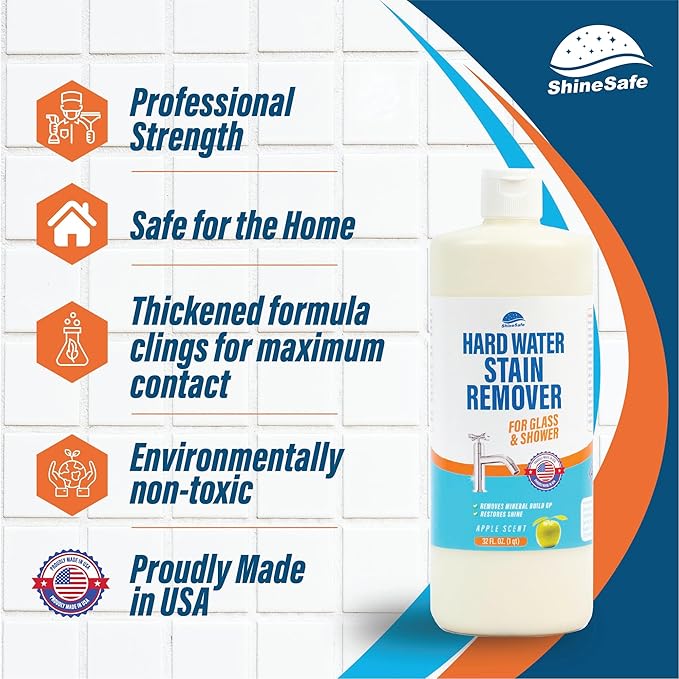 ShineSafe Hard Water Stain Remover – Professional-Grade Calcium Lime Rust Cleaner for Glass Shower Tub Sink – Bleach-Free – 32 Fl Oz