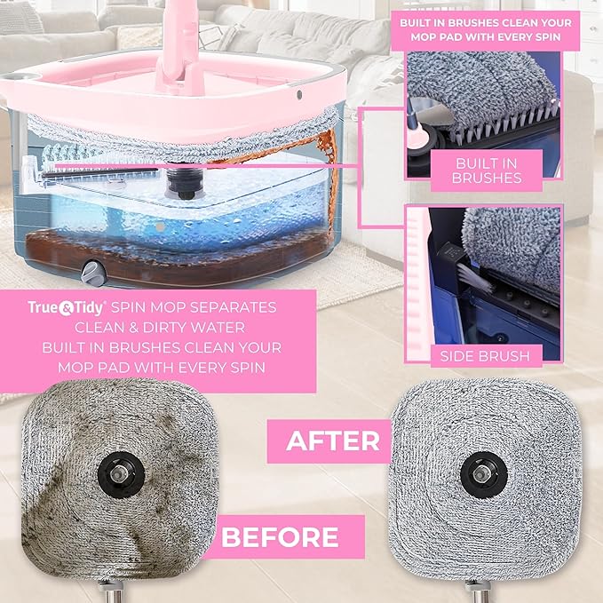 Square Spin Mop &amp Bucket Smart Floor Mop with Separate Compartments for Clean and Dirty Water Self Cleaning 2025 Upgraded Version w/Side Brush &amp Self-Standing Handle Rose