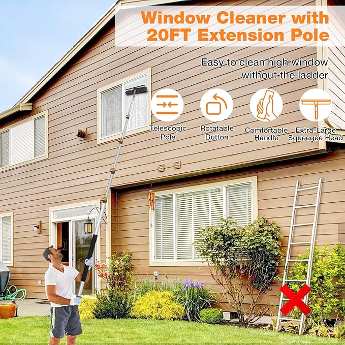 20Ft Window Squeegee with Extension Poles 2-in-1 Window Cleaning Kit with Telescopic Pole Extra-Large 14 Window Squeegee Window Cleaner Tool with Adjustable Head for High Window Glass RV