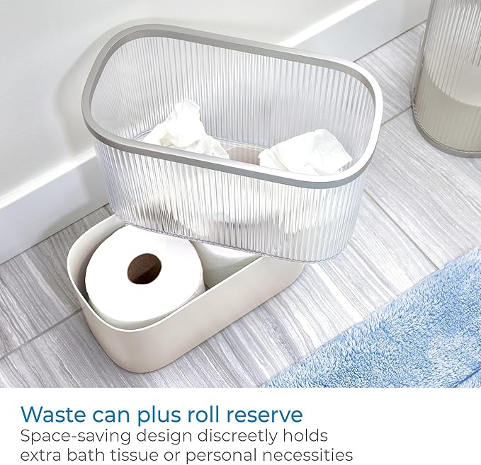 iDesign Fluted Plastic Bathroom Trash Can with Storage for Toiler Paper - Clear/Satin/Gray