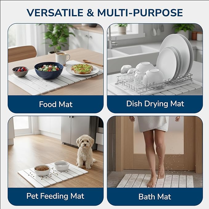Large Stone Drying Mat 24x16 – Diatomaceous Earth Stone Dish Drying Mat Ultra-Absorbent Stone Drying Mat for Kitchen Collapsible Quick-Dry Countertop Protector for your Dishes (Snow White)