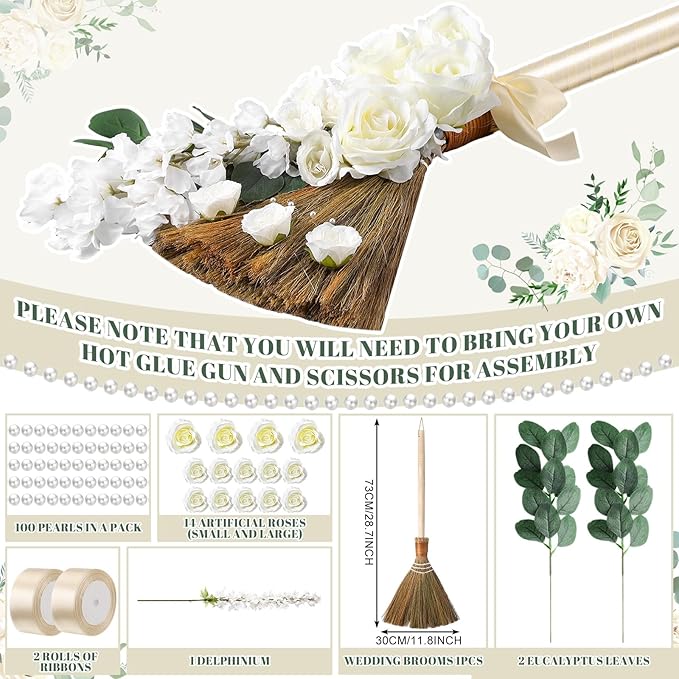 Yungyan Wedding Brooms for Jumping Ceremony Bride Bridegroom DIY Whisk Brooms 11.81 x 25.2 in with Ribbons Artificial Pearl Eucalyptus Leaves Roses Delphinium for Wedding Ceremony Craft