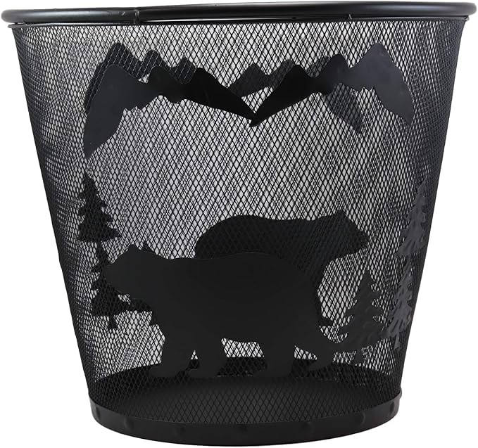 Ebros Wildlife Rustic Black Bears Roaming Pine Trees Forest by The Mountains Metal Wire Waste Basket Bin 14 Diameter Bear Home and Bathroom Accent Western Country Cabin Lodge Decorative Trash Can