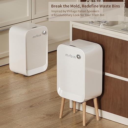 MRBIN Motion Sensor Trash Can Bathroom with Butterfly Lid and Leg 5.5 Gal / 20 L Tall Automatic Touchless Electric Smart Waste Basket Toilet Covered Garbage Dustbin for Bedroom Cream White