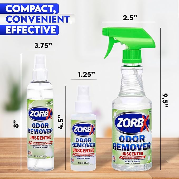 ZORBX Unscented Odor Eliminator for Strong Odor 3 items Bundle: 16 Oz + 7.5 Oz + 2 Oz - Used in Hospitals &amp Healthcare Facilities - Fast-Acting Odor Remover Spray for Dog Cat House &amp Carpet