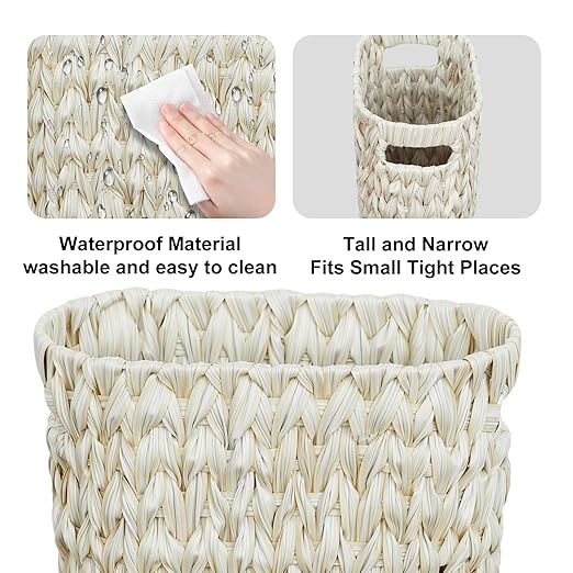 Wicker Trash CanBathroom Trash CanWaterproof Wicker Waste Basket for BathroomNarrow Small Waste Basket for BedroomOffice Cream White 5 Gallon